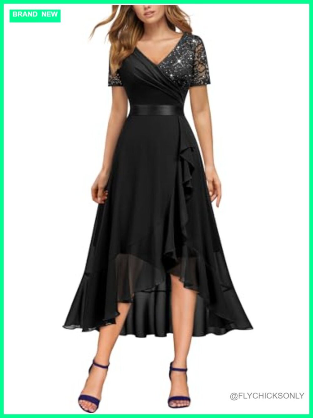 Miusol V-Neck Sequin Lace Chiffon Ruffle Slit Evening Party Dress
